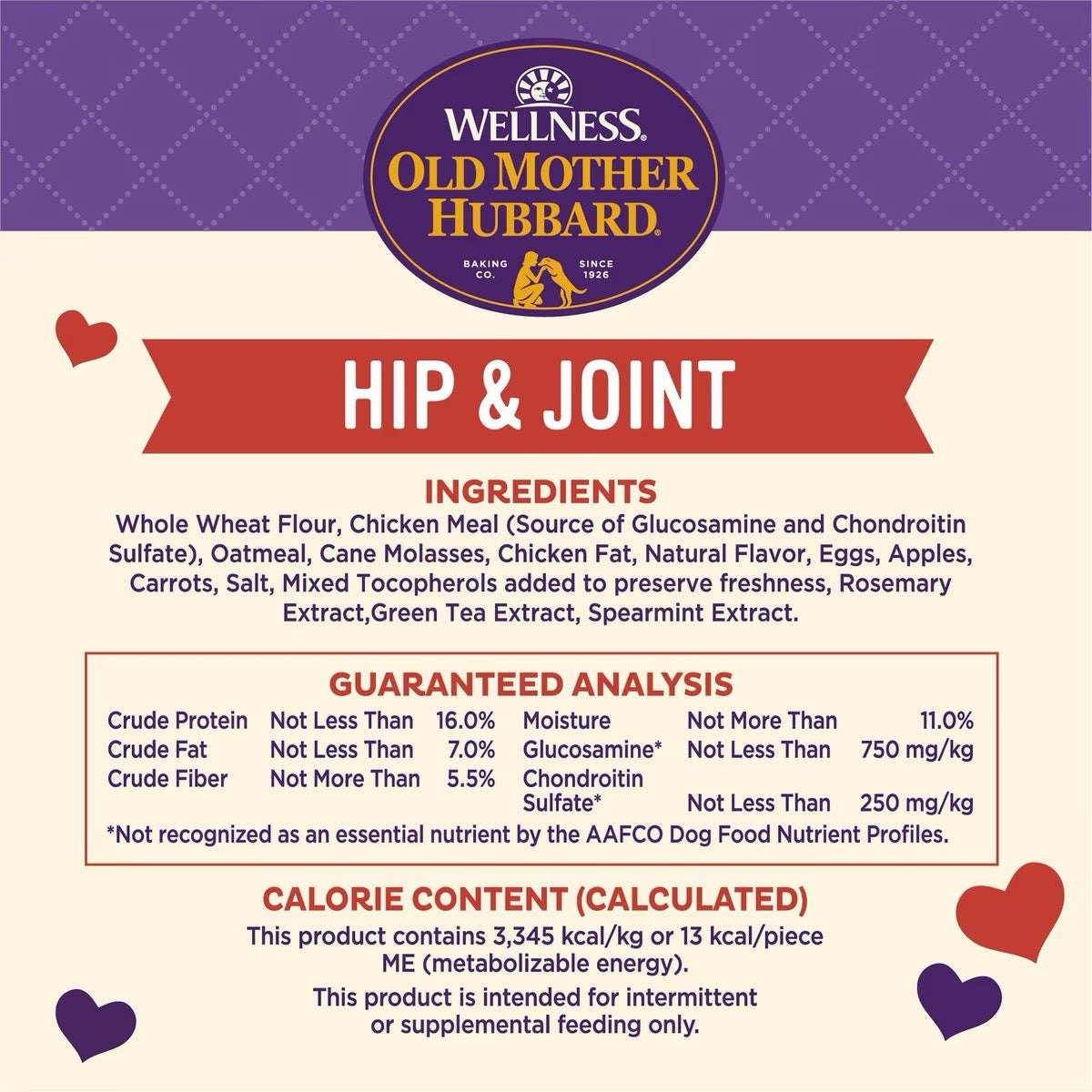 Wellness Old Mother Hubbard Hip & Joint dog treats label with ingredients and analysis