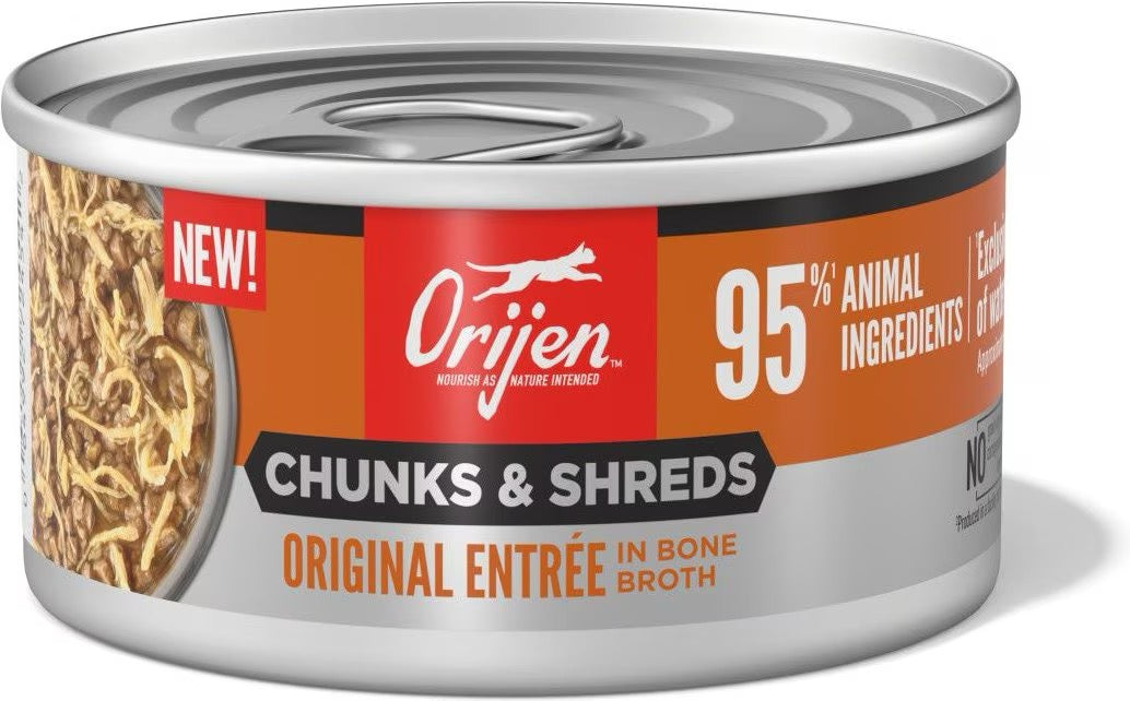 Orijen grain-free cat food can, chunks & shreds in bone broth, 3 oz.