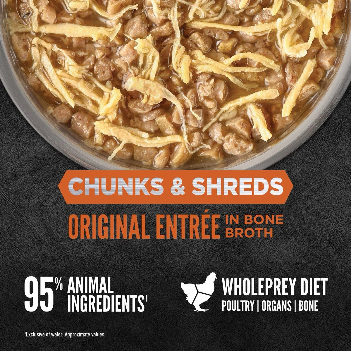 Orijen chunks & shreds cat food with bone broth, shown in a bowl.