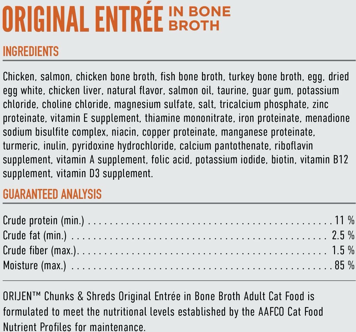 Orijen Grain Free Chunks & Shreds Original wet cat food label with ingredients and analysis
