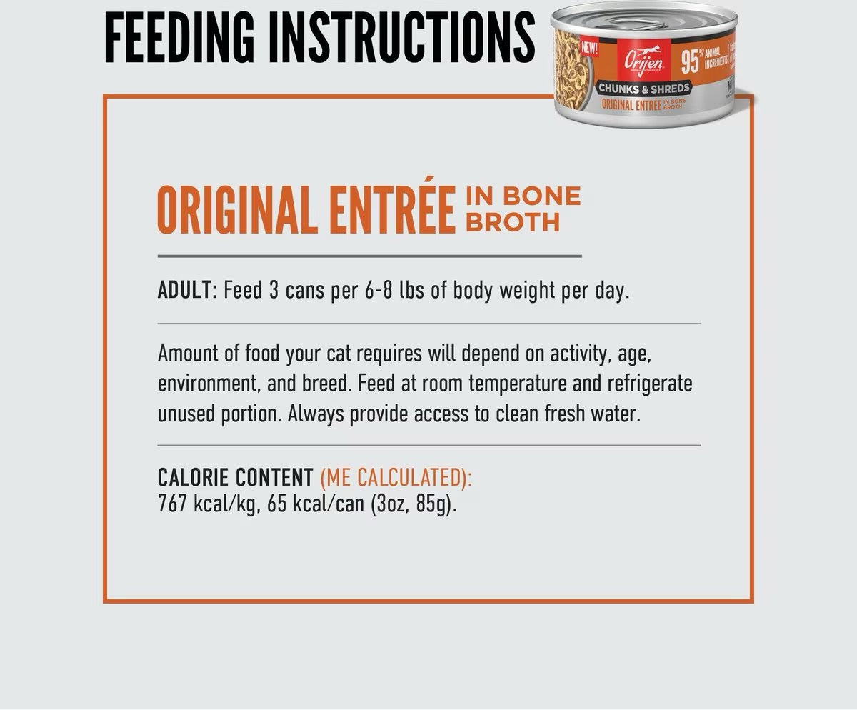 Orijen Original Entrée in Bone Broth wet cat food can with feeding instructions