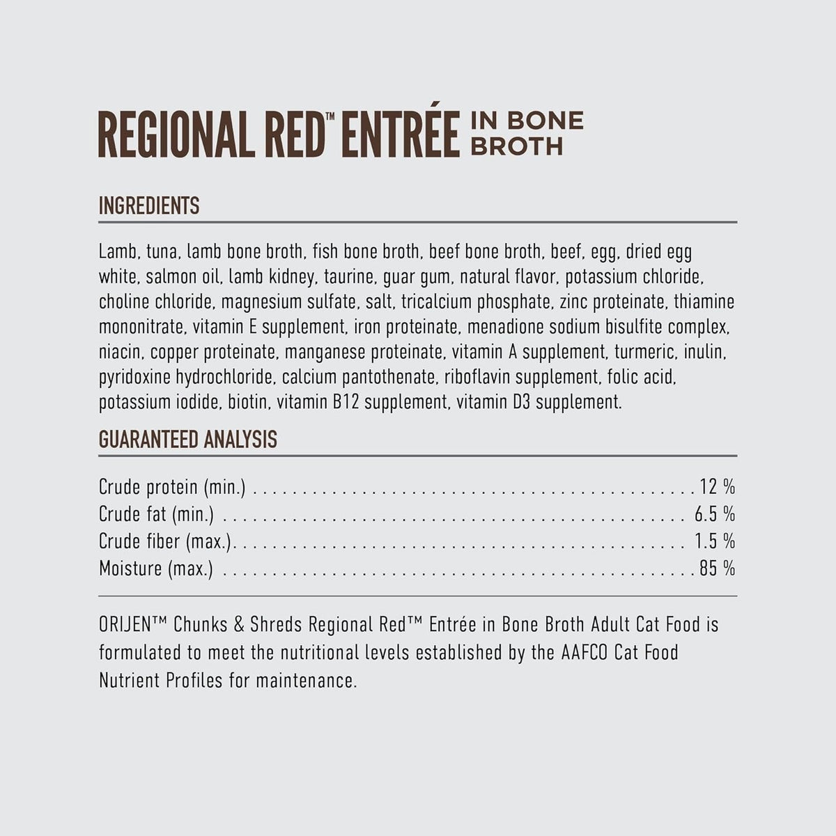 Orijen Regional Red wet cat food label with ingredients and guaranteed analysis