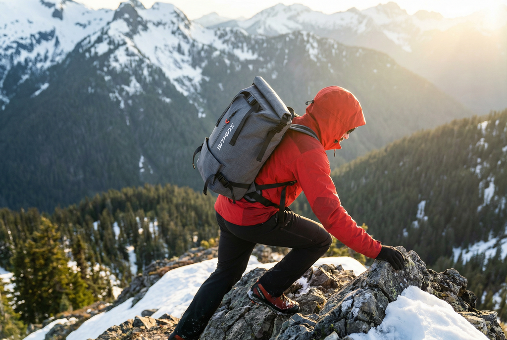 Waterproof backpack 30L in dark gray, shown on a hiker with padded back support