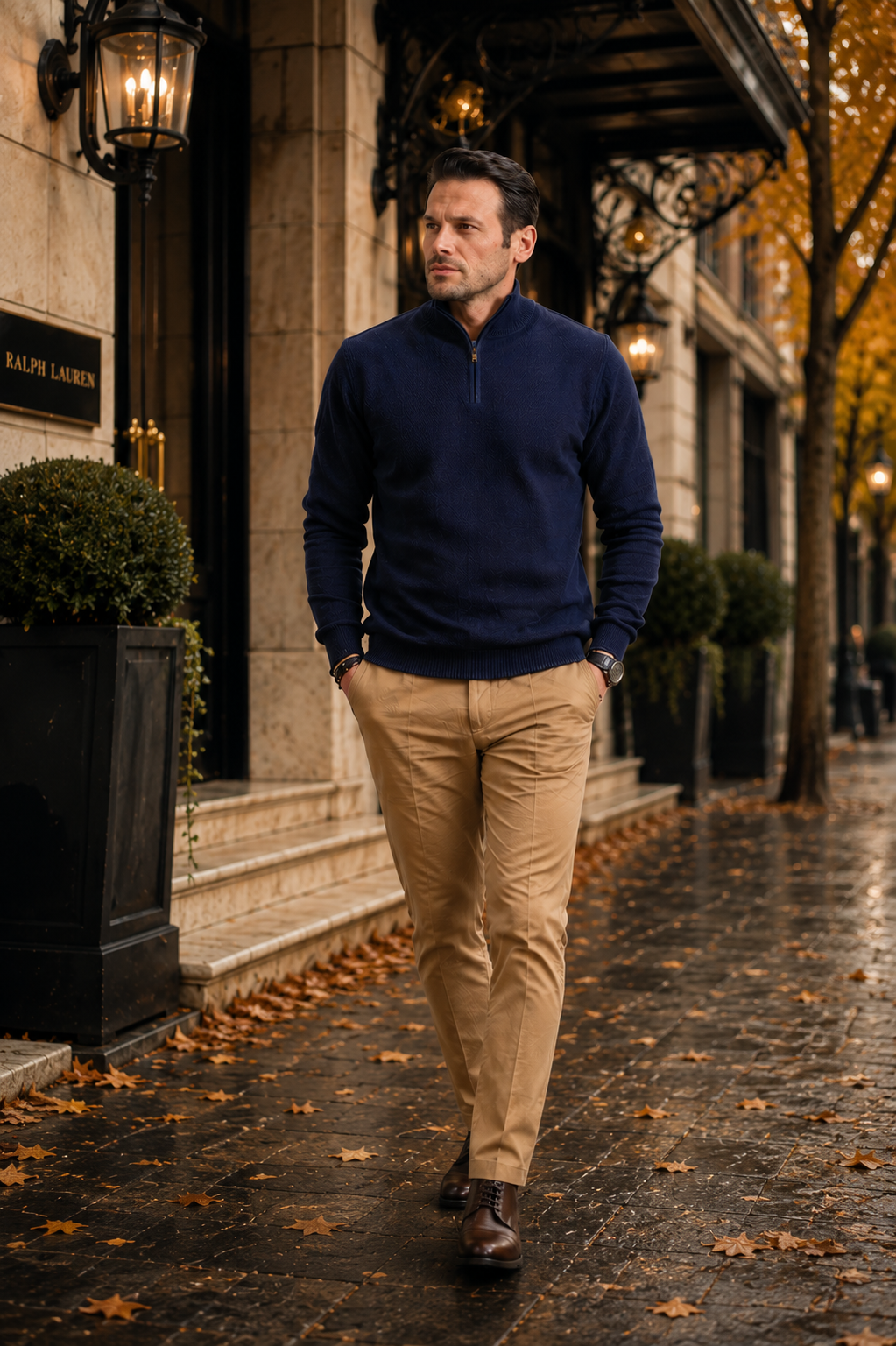 Navy quarter-zip sweater with long sleeves and ribbed hem, worn by model