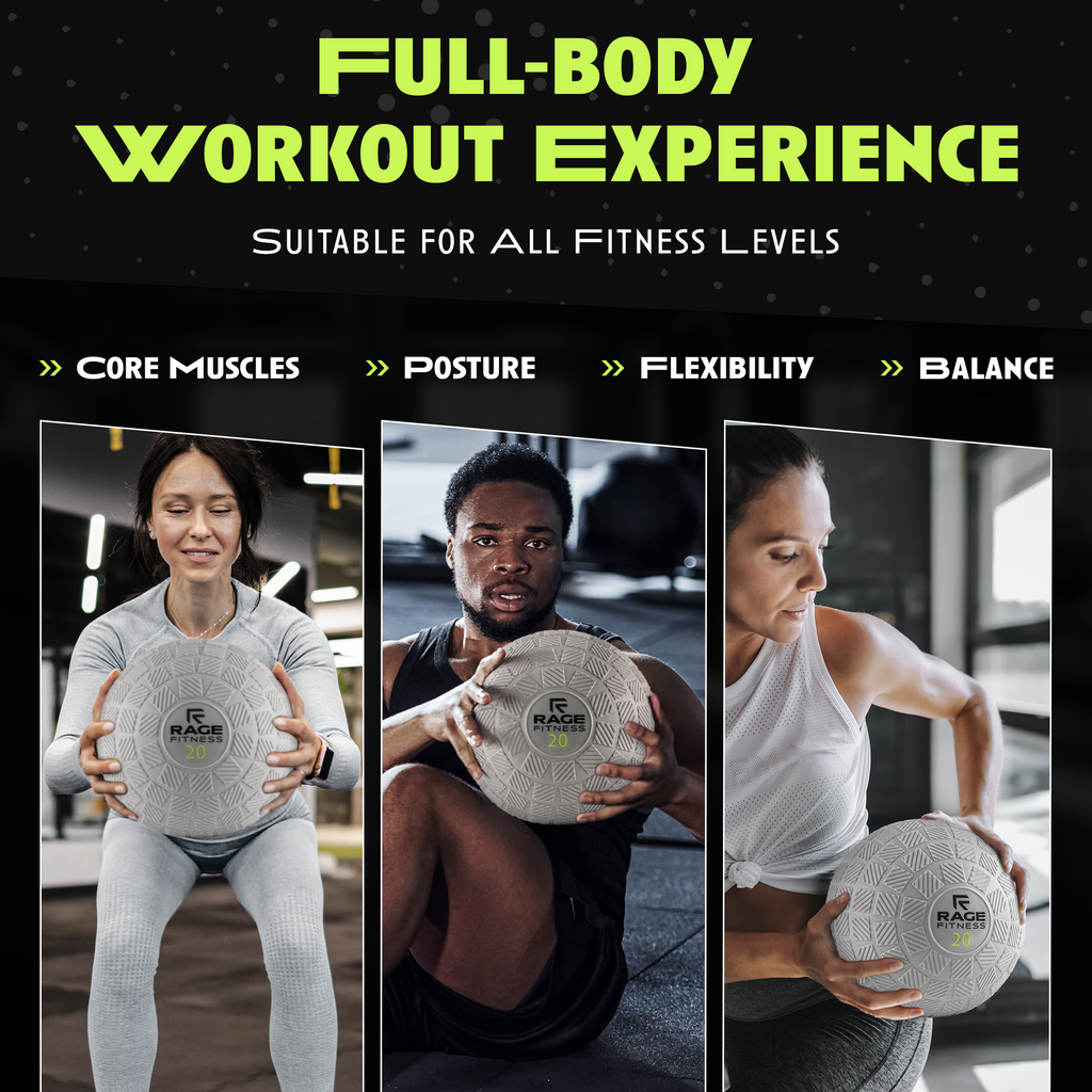 Slam ball with textured tread and RAGE FITNESS 20, held during a workout.