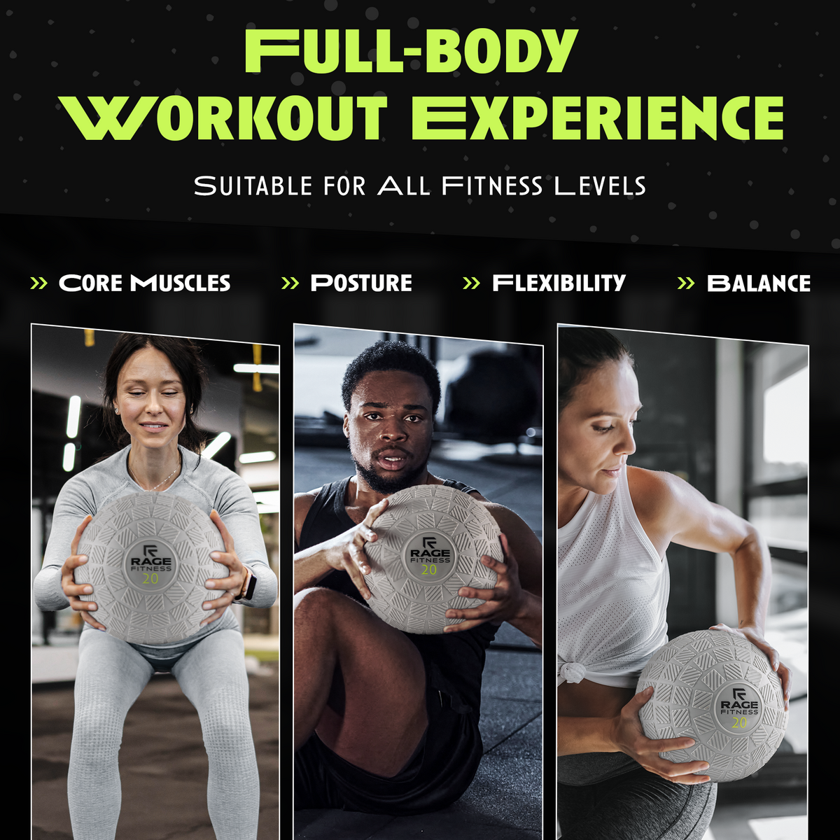 Slam ball with textured tread and RAGE FITNESS 20, held during a workout.
