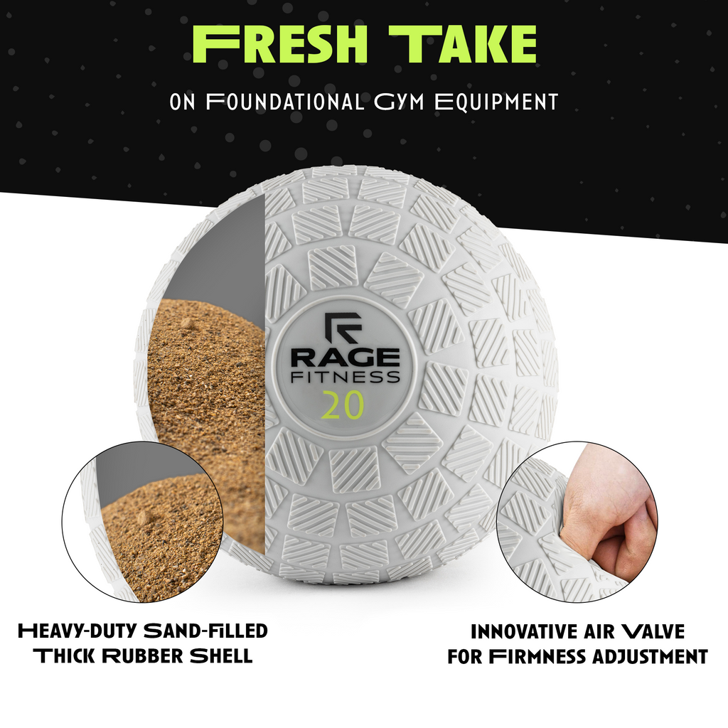 RAGE FITNESS 20 slam ball with textured tread and sand-filled cutaway view.