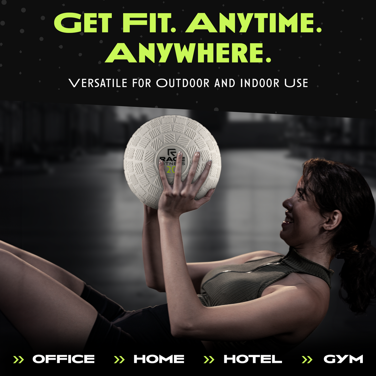 Grey slam ball with textured tread and RAGE FITNESS 20, held overhead.