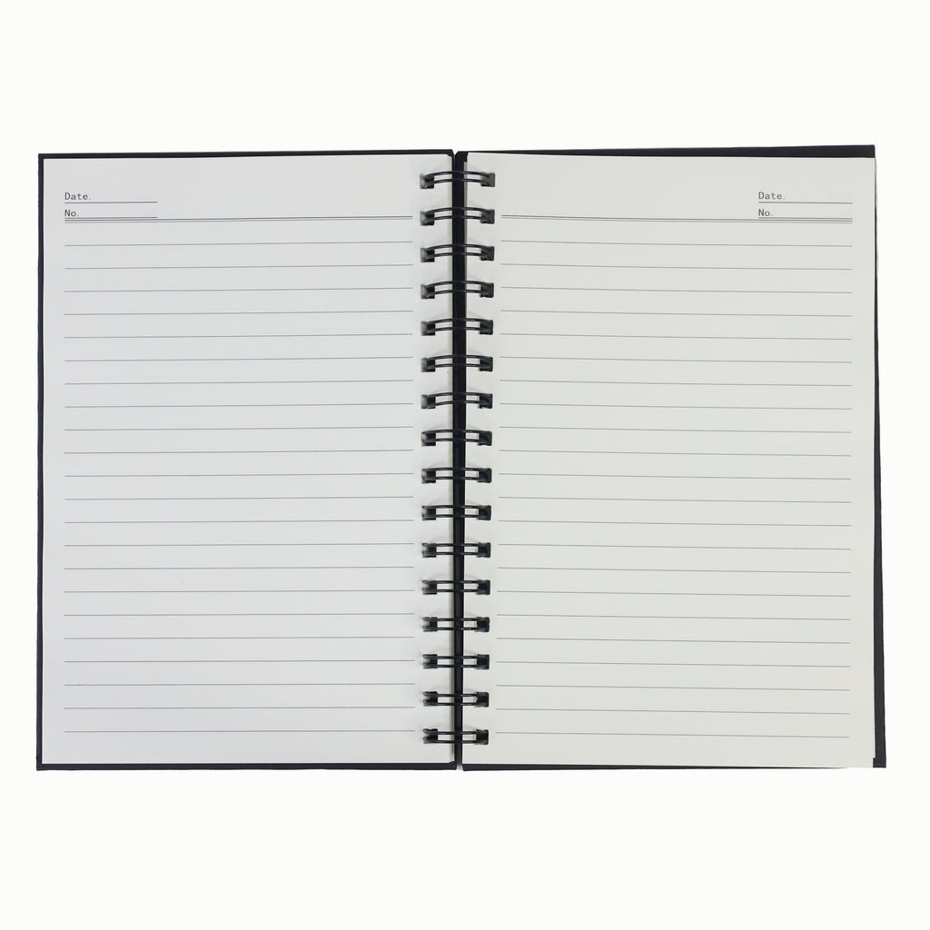 Open spiral notebook with white lined pages and date fields on both sides