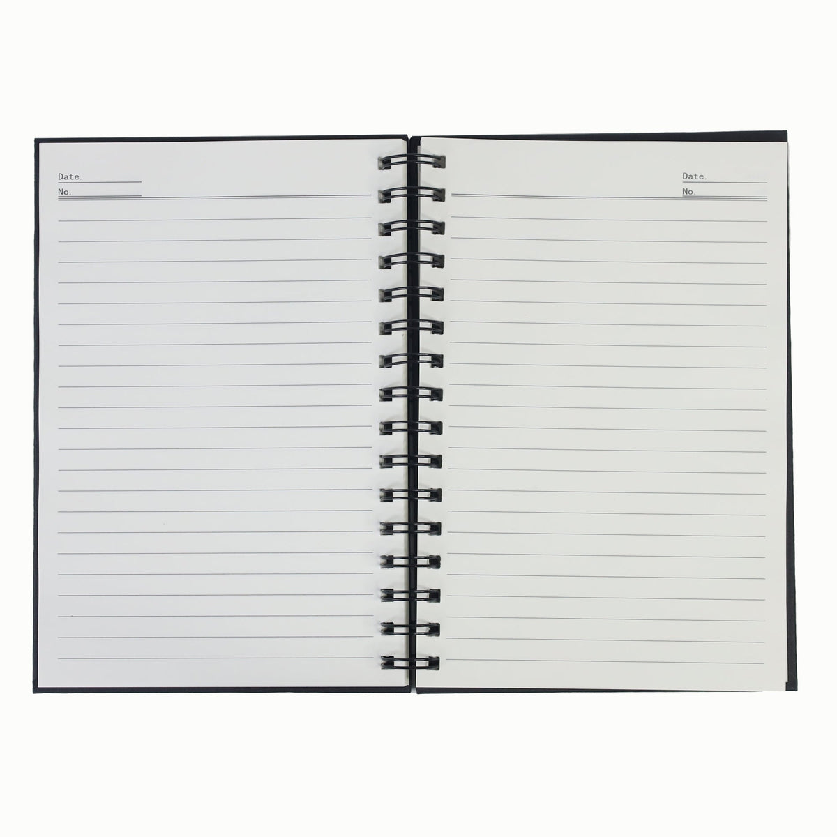 Open spiral notebook with white lined pages and date fields on both sides