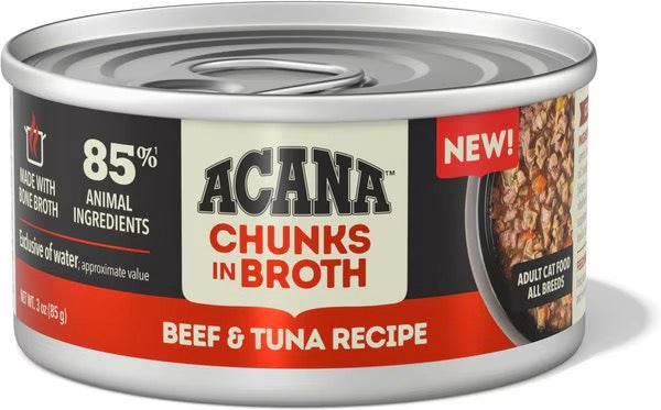 ACANA wet cat food can, chunks in broth, beef & tuna recipe
