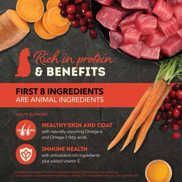 ACANA chunks in broth ingredient graphic with beef, tuna, vegetables and cranberries