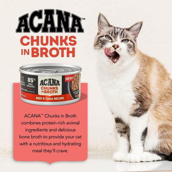 ACANA Chunks in Broth wet cat food packaging with cat portrait