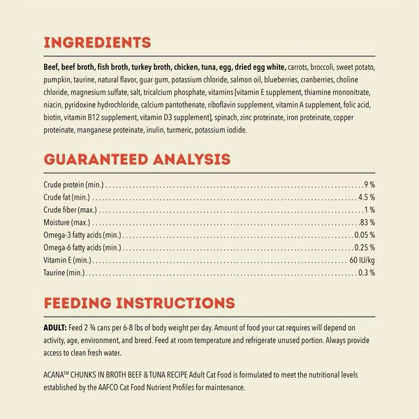 ACANA wet cat food label showing ingredients list and guaranteed analysis table
