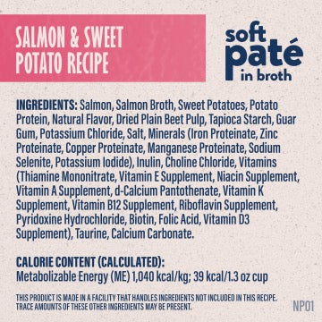 Soft pate in broth wet cat food package, salmon & sweet potato ingredients panel