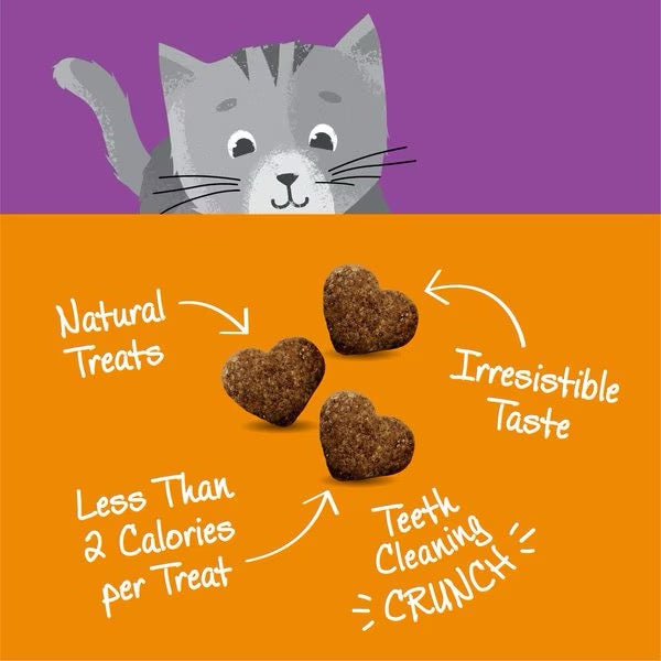 Cat treat pouch panel with kibble: natural treats, less than 2 calories, irresistible crunch