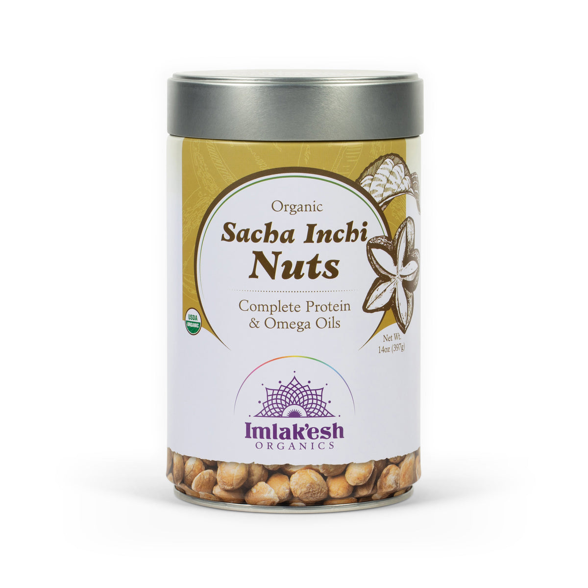 Organic Sacha Inchi Nuts jar with front label and metal lid