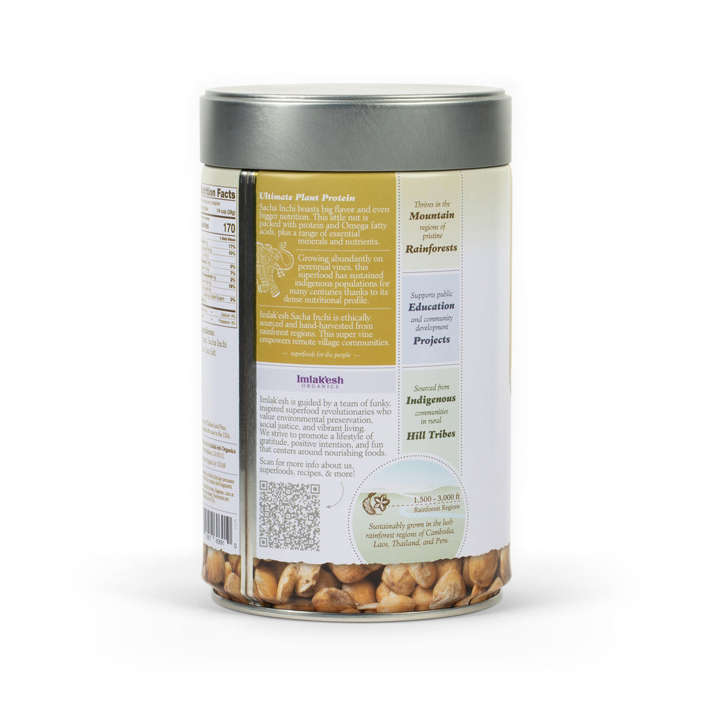 Sacha inchi nuts jar back with facts and ingredients text