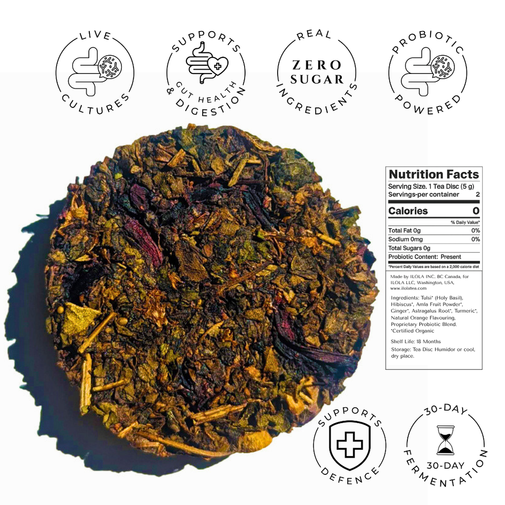 Immunity herbal tea disc with nutrition facts and product benefit icons