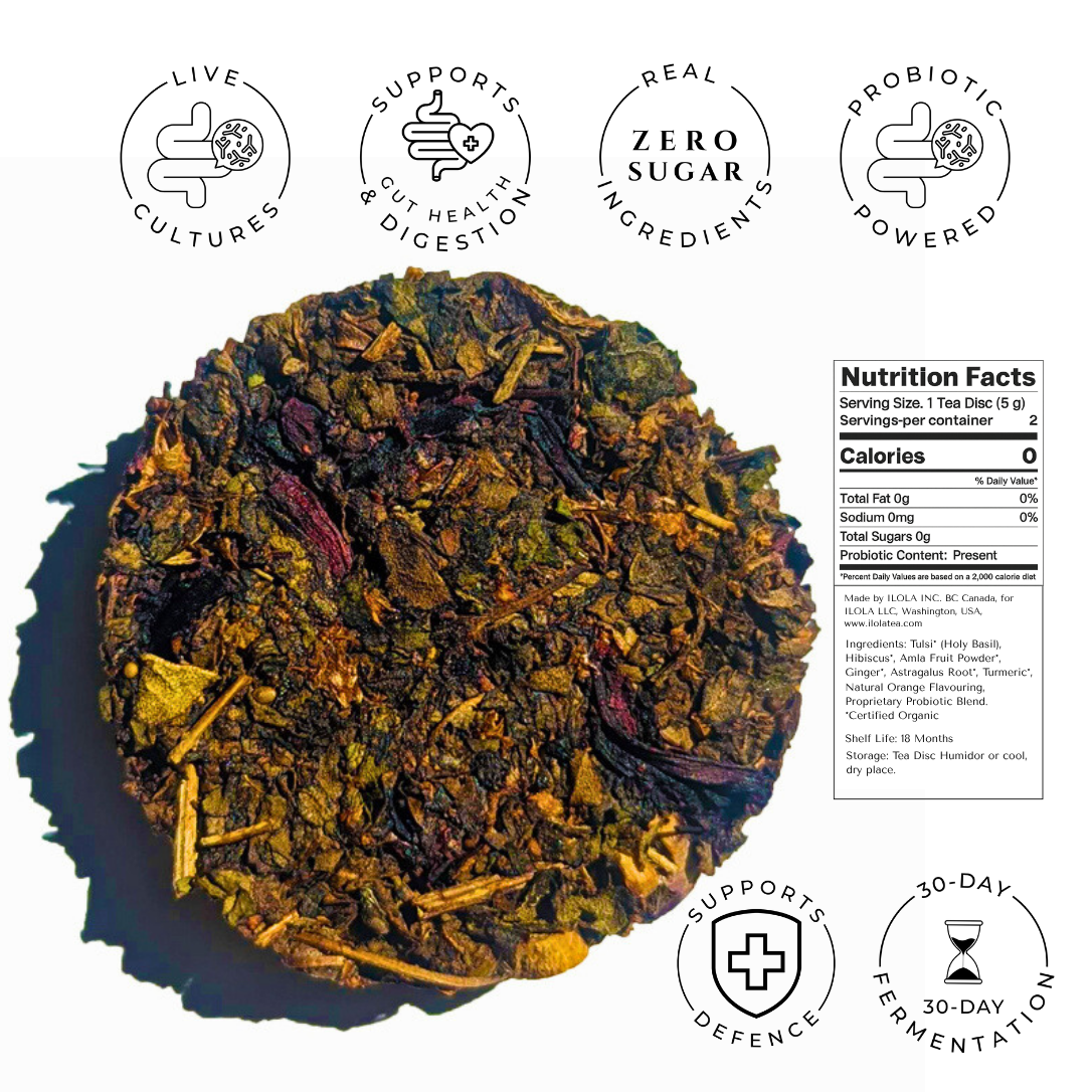 Immunity herbal tea disc with nutrition facts and product benefit icons