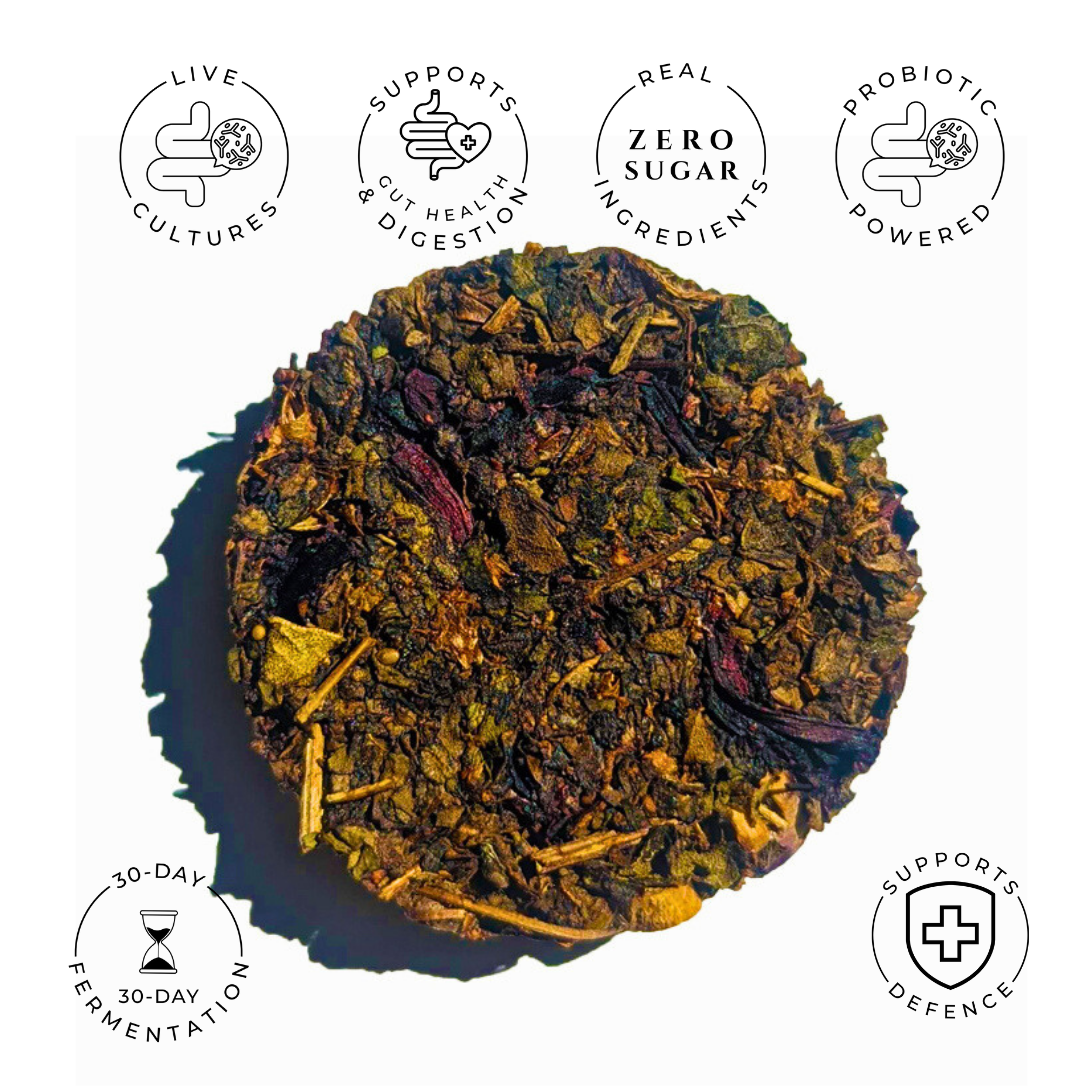 Immunity herbal tea disc shown close up with product benefit icons