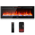 Wall-mounted electric fireplace with tempered glass flame window, plus black remote and phone app.