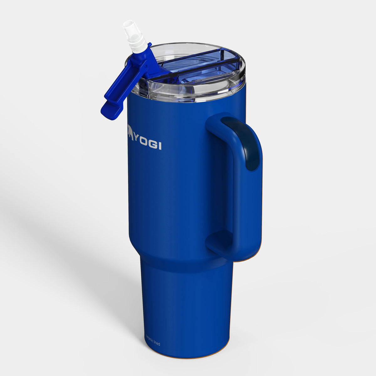 Blue ceramic-lined tumbler with clear lid open and straw spout; side handle shown
