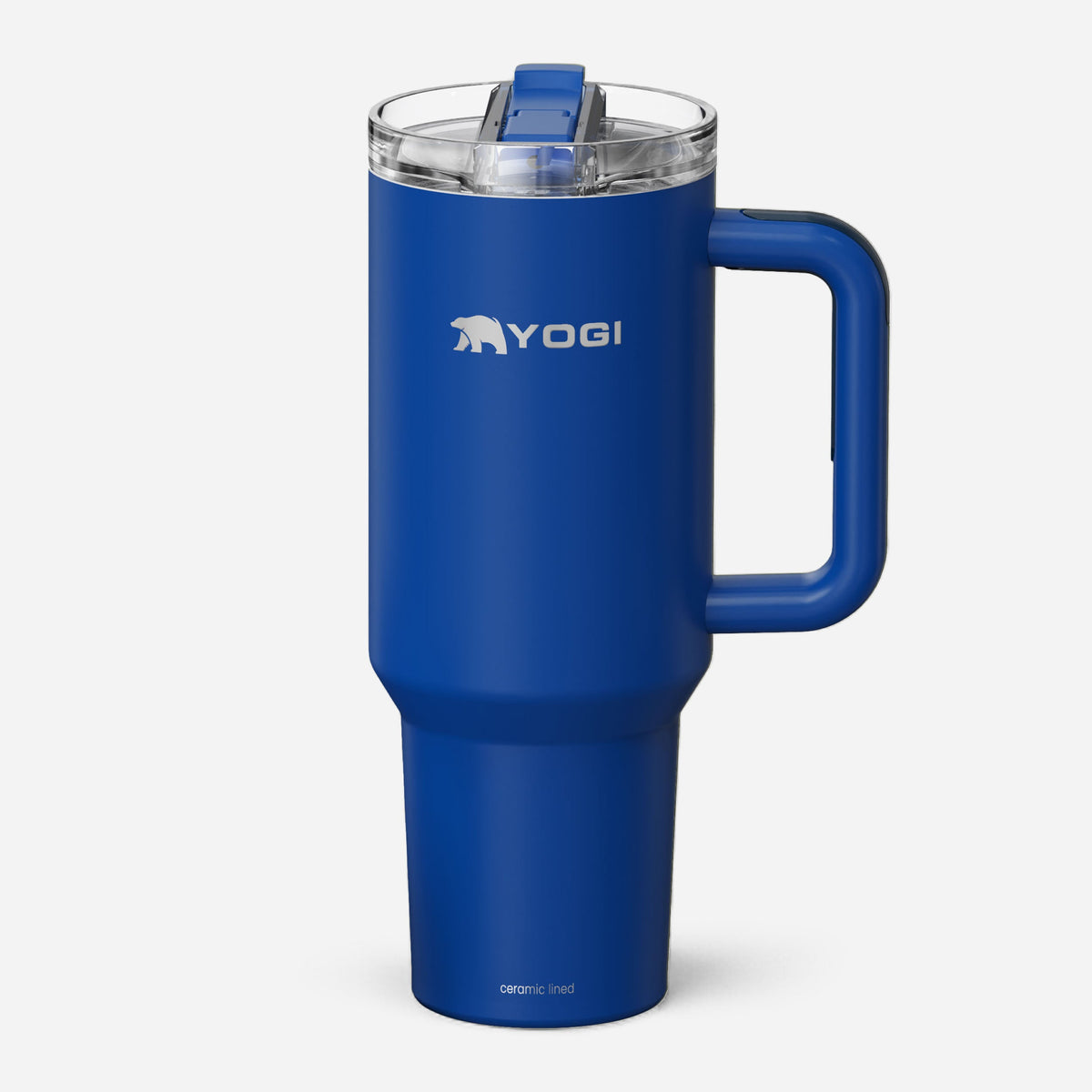 Blue ceramic-lined tumbler with clear lid and side handle; centered front view