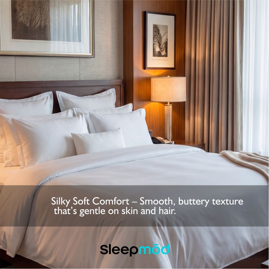Eucalyptus Tencel sheet set, white sheets with silky texture on a bed.