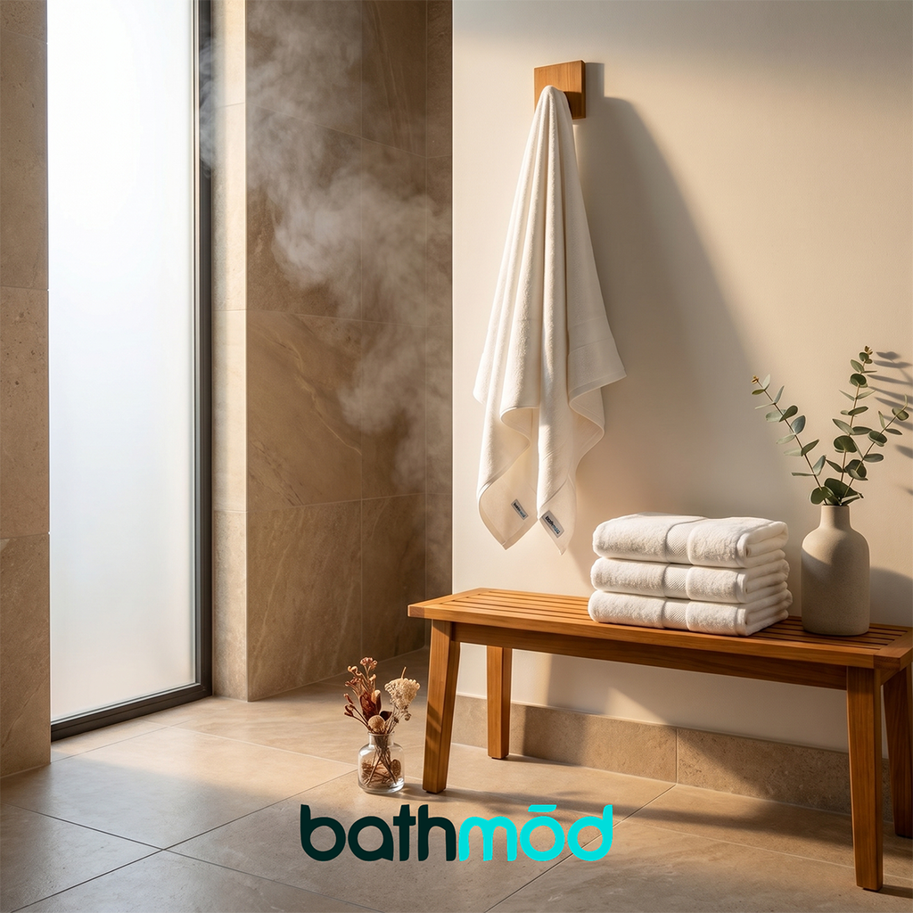 White bath towels folded on a bench, including one towel hanging