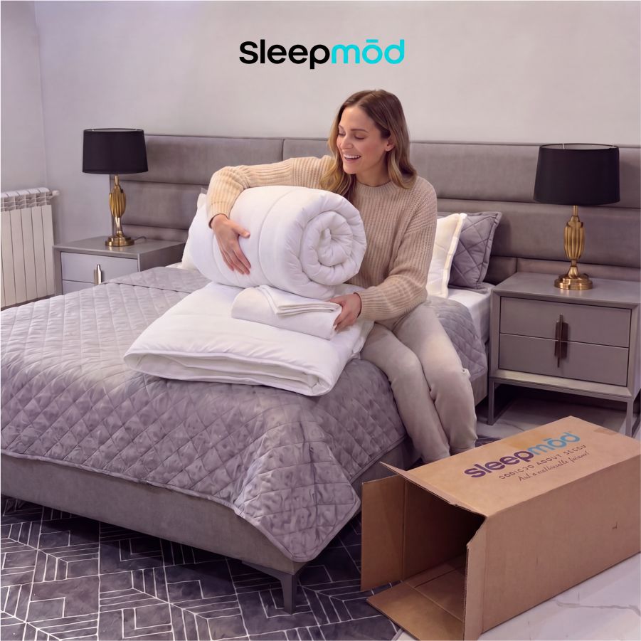 White comforter and pillow shams with person holding folded bedding