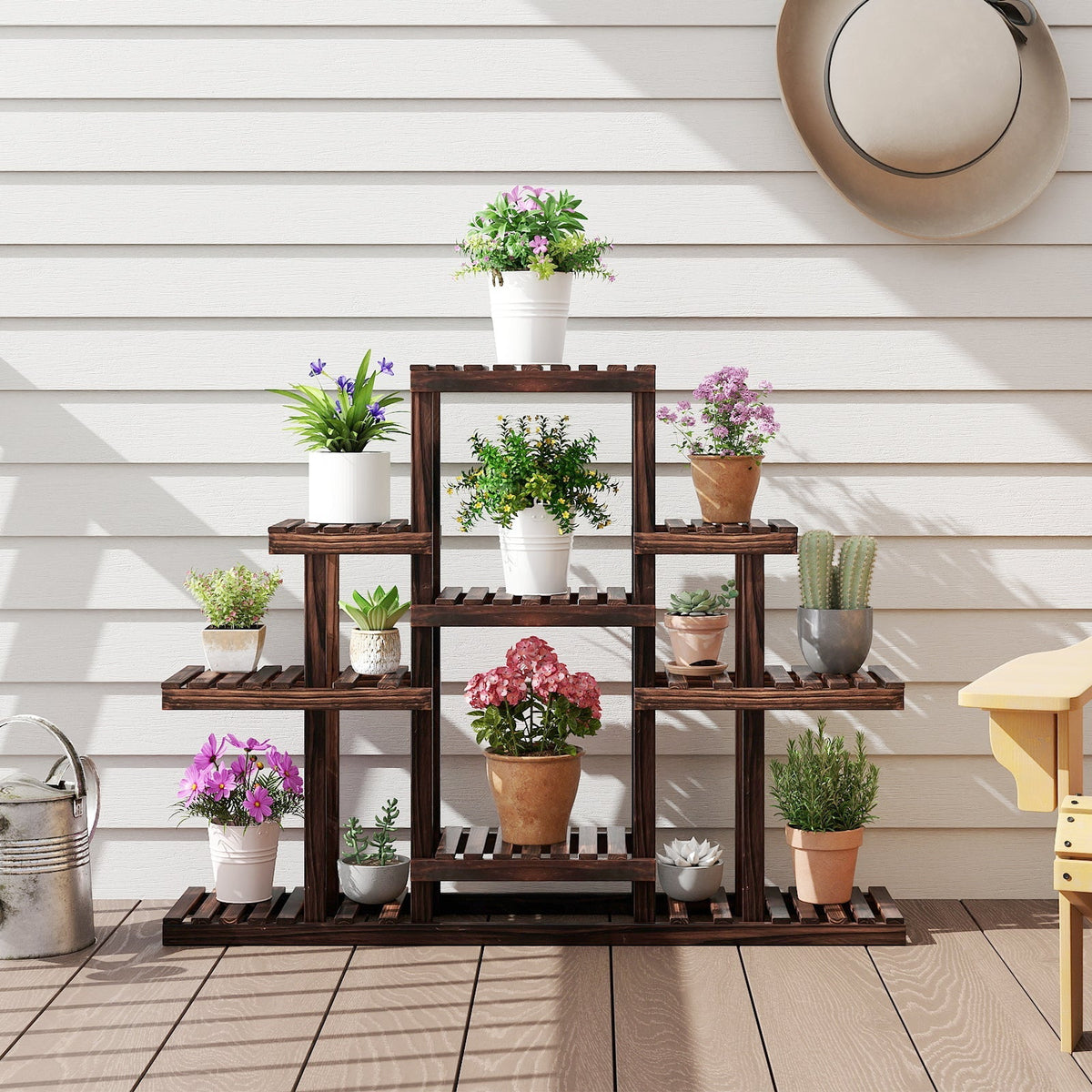 Brown multi-tier corner wood plant stand with open shelves for potted flowers