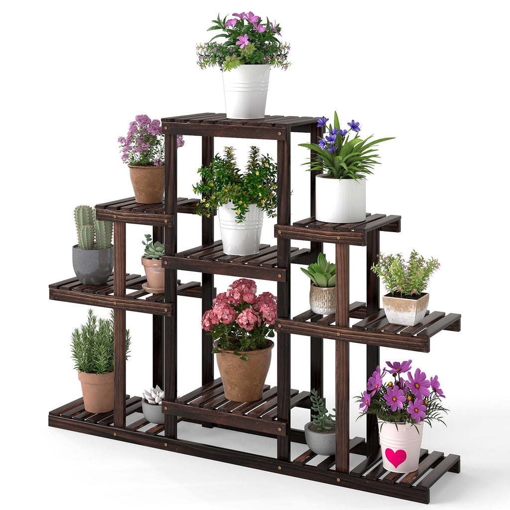 Brown corner wood plant stand with multi-level open shelves and potted flowers