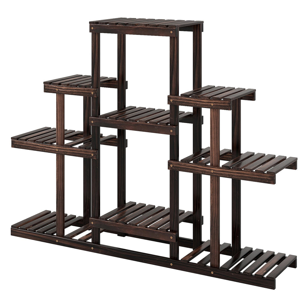 Brown multi-tier corner wood plant stand with open slat shelves