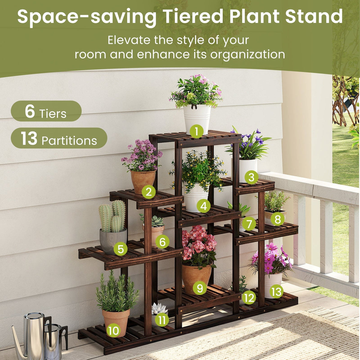 Space-saving multi-tier wood plant stand diagram with 6 tiers and 13 partitions
