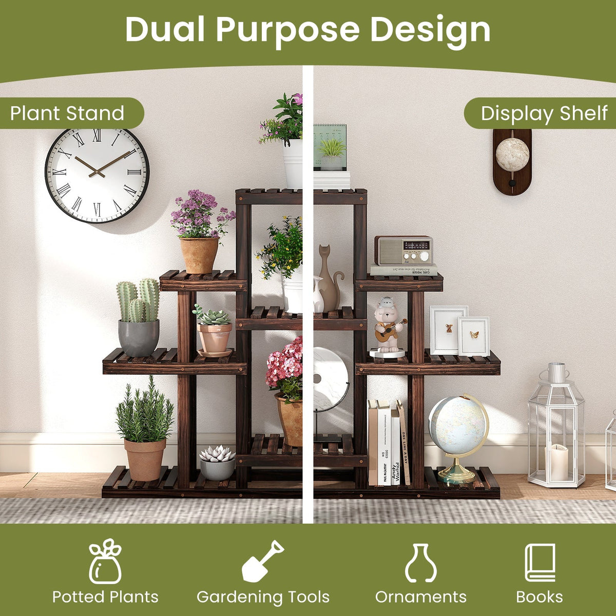 Dual-purpose wood plant stand infographic for potted plants, tools, ornaments, books