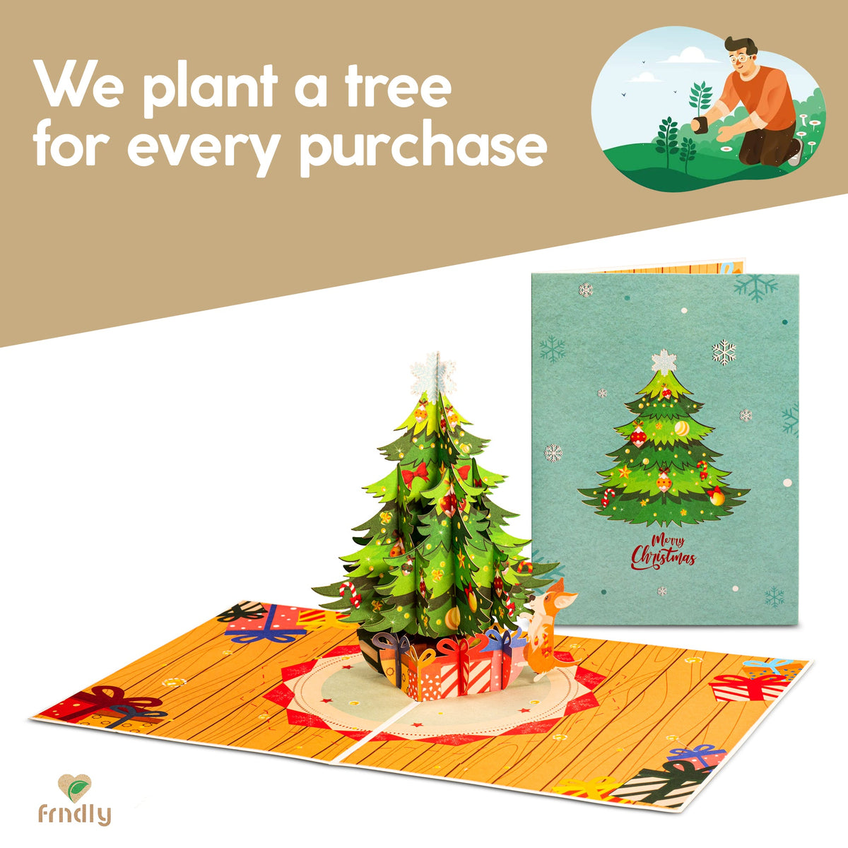 Christmas tree pop-up card with 'We plant a tree for every purchase' banner