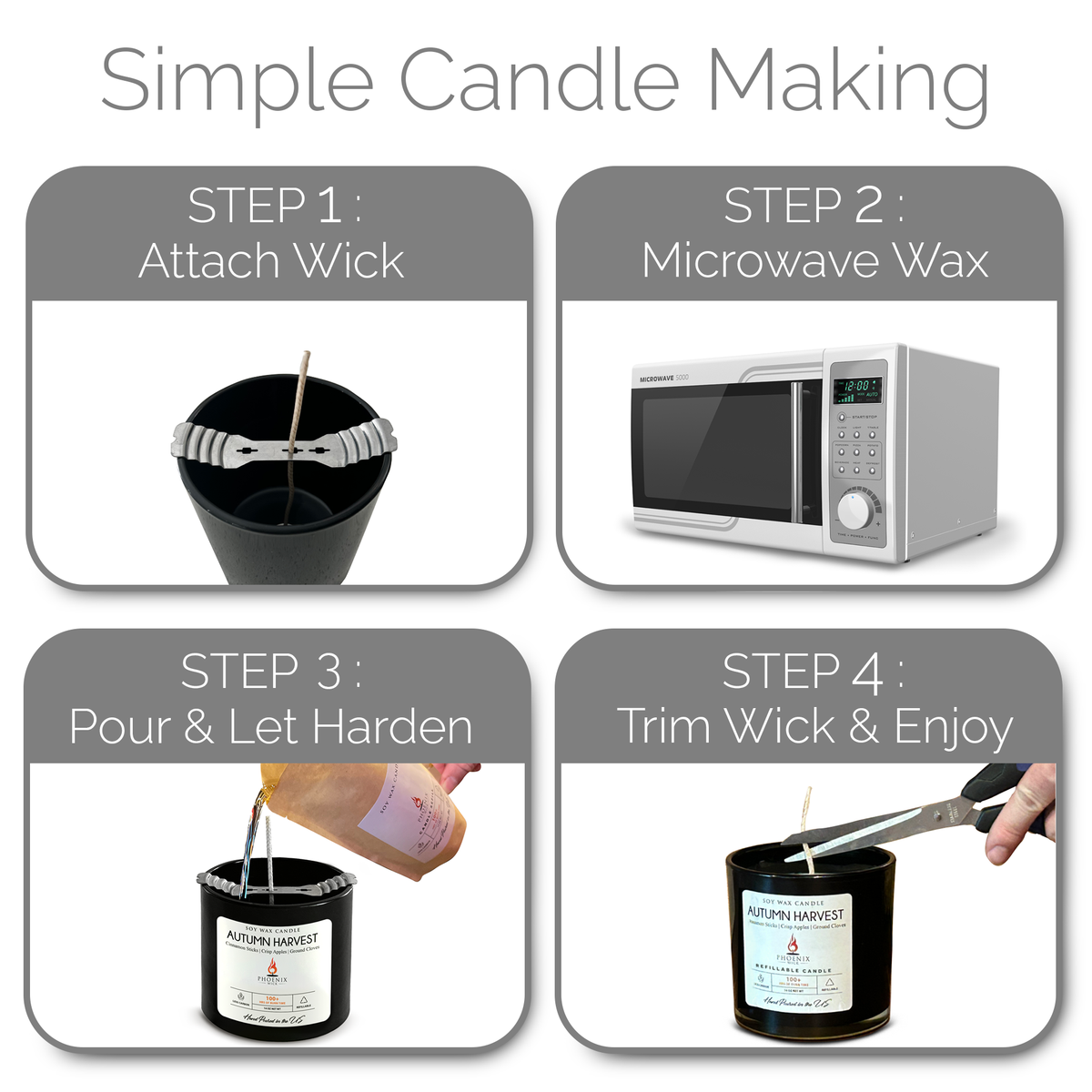 Citronella candle-making step cards: attach wick, microwave wax, pour, trim