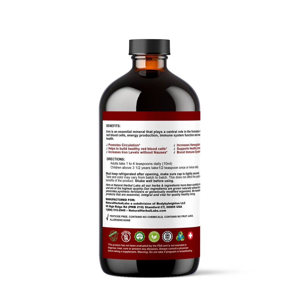 Back label of the Organic Herbal Iron Formula bottle with directions and benefits