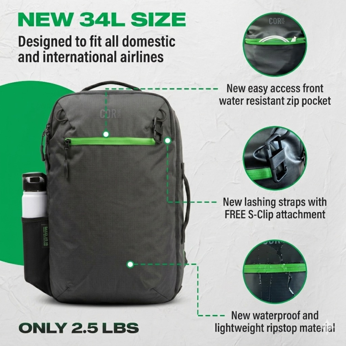 34L travel backpack front view with green zipper rail and front water-resistant pocket