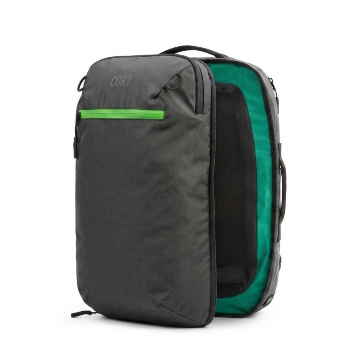 Travel backpack in matte black with green zipper accents and side mesh pocket panels