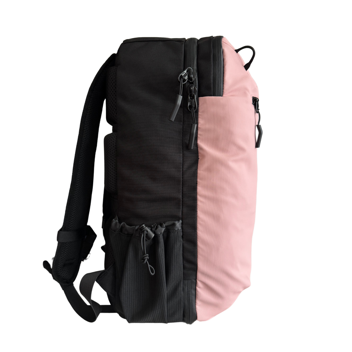 Pink and black travel backpack with front zipper and padded shoulder strap