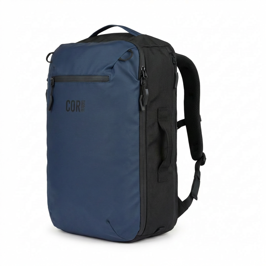 Midnight blue and black travel backpack with zip front and adjustable shoulder strap