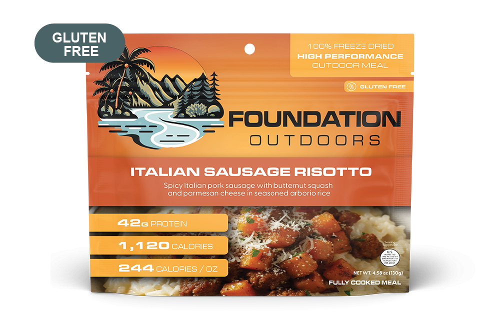 Italian sausage risotto meal pouch, gluten-free, freeze-dried outdoor meal