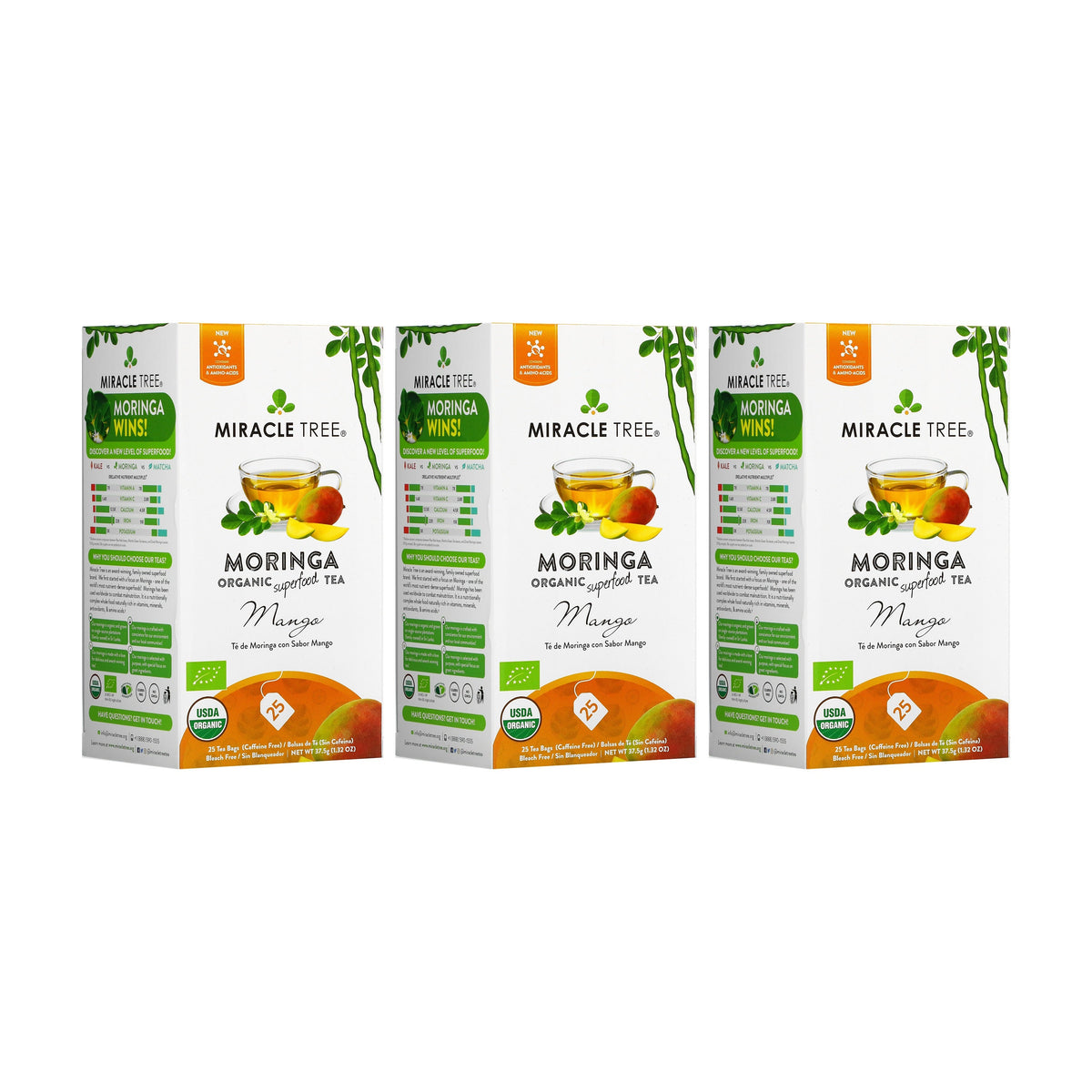 Miracle Tree organic moringa mango tea boxes, caffeine-free, six-pack assortment