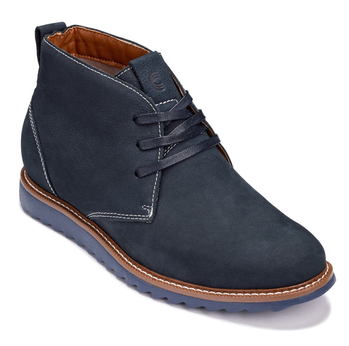 Ultramarine blue nubuck chukka boots with lace-up closure and brown welt stitching