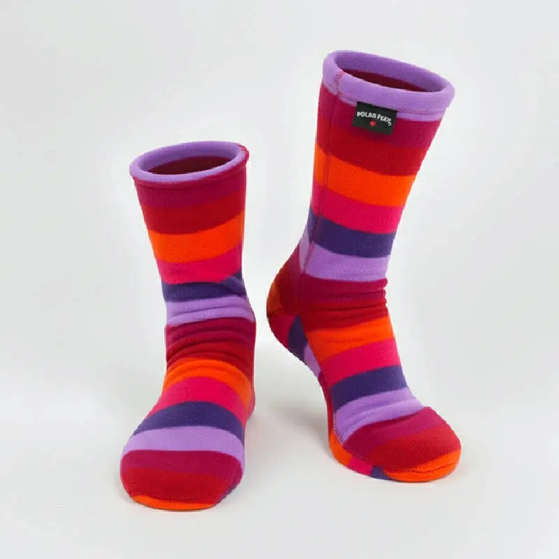Multicolor striped fleece socks with purple toe and heel
