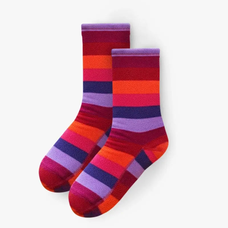 Fleece socks in multicolor horizontal stripes, orange and purple