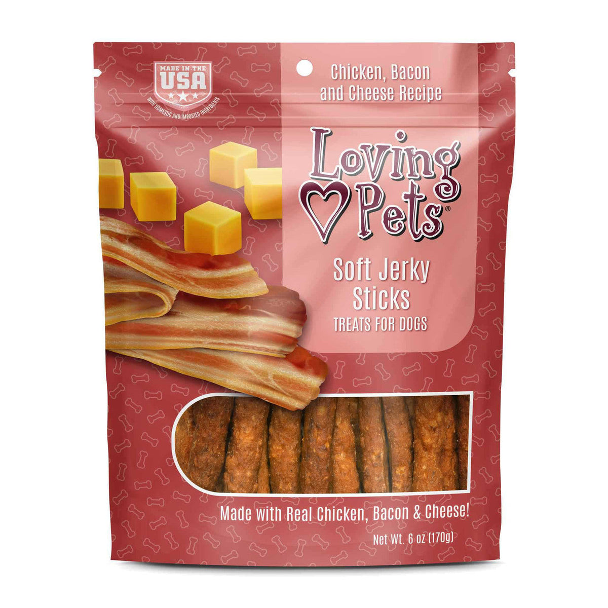 Dog treat pouch of soft jerky sticks, chicken bacon and cheese flavor, 6 oz