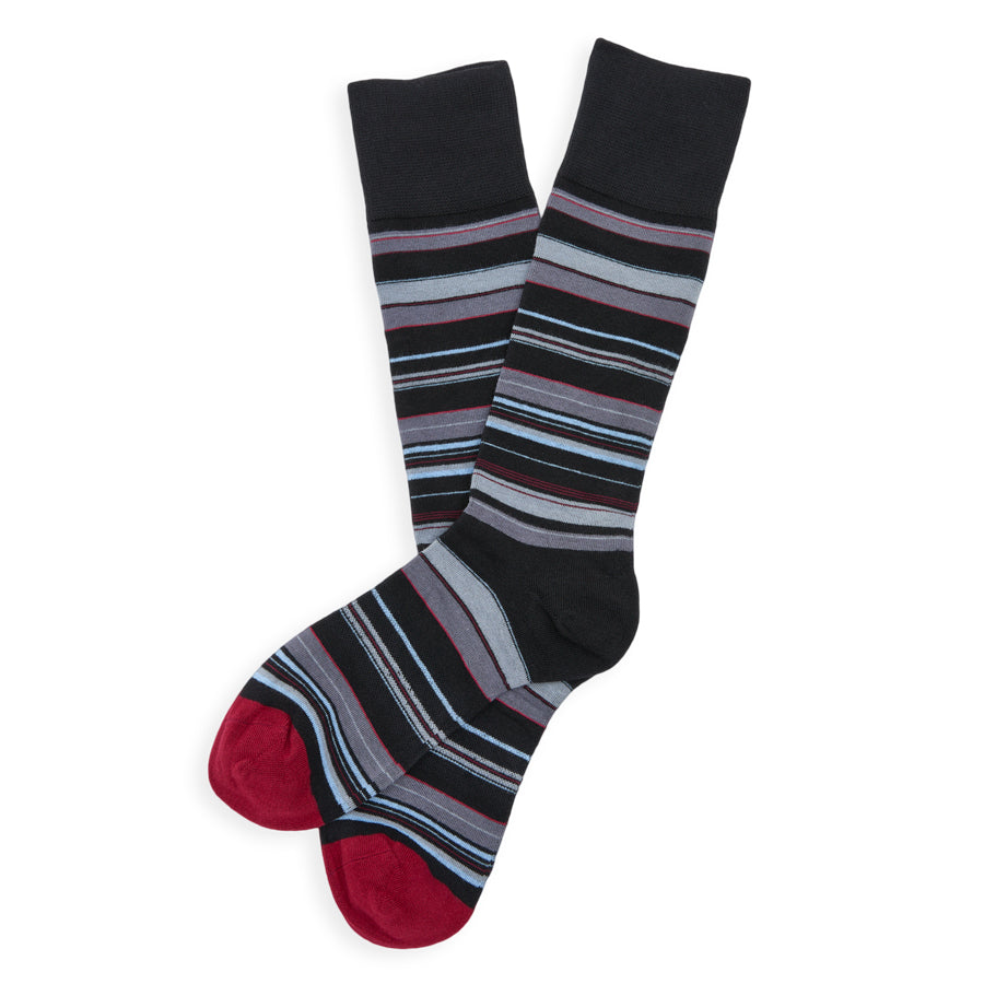 Black crew socks with red toe and multicolor horizontal stripe bands